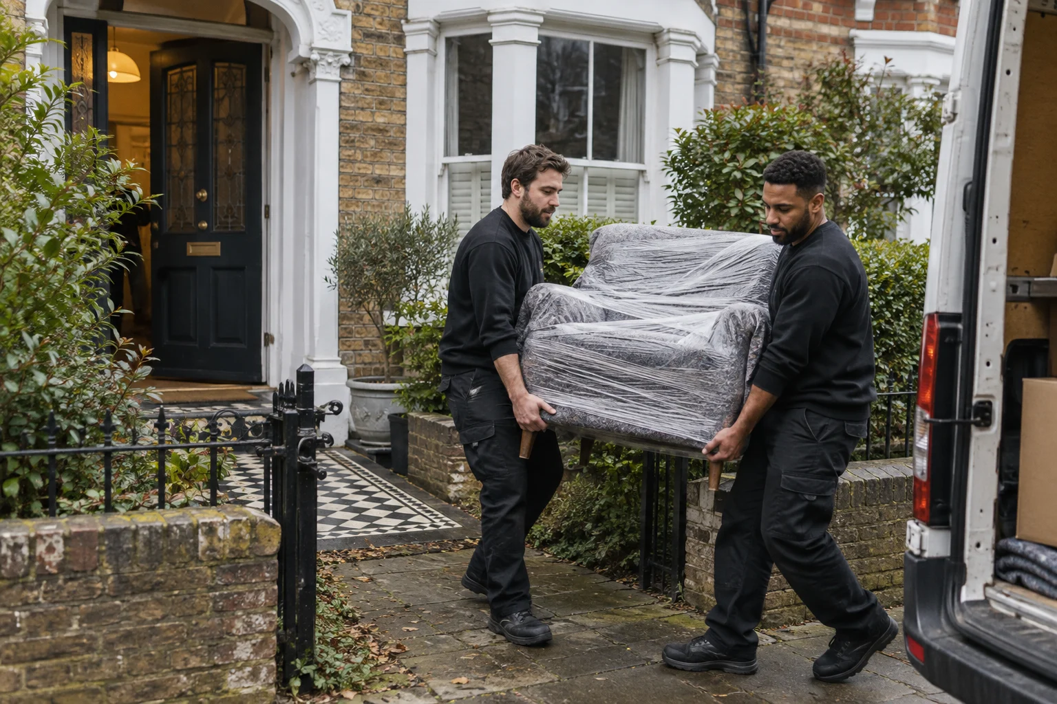 Illustrative moving-day scene outside a British home