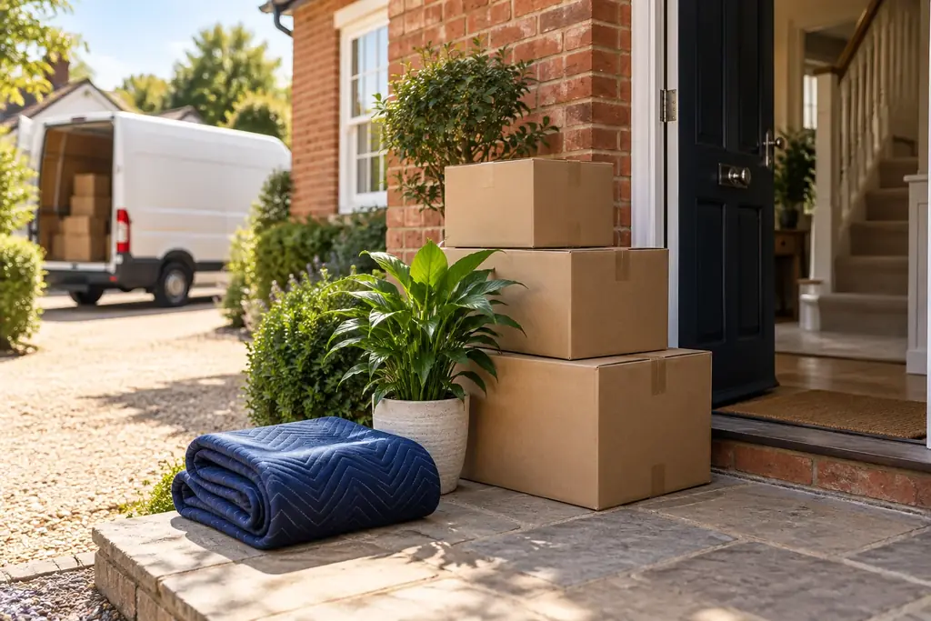 Boxes and a houseplant prepared for moving day